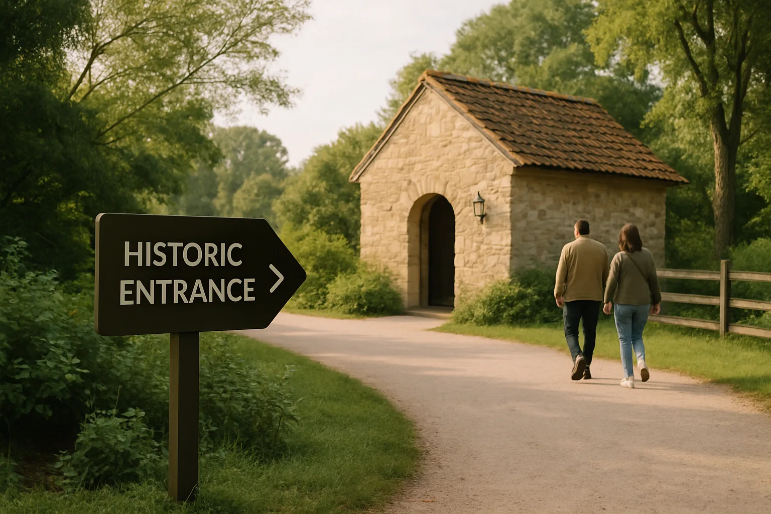 Chemin piéton menant à l’entrée d’un lieu touristique avec un panneau directionnel.