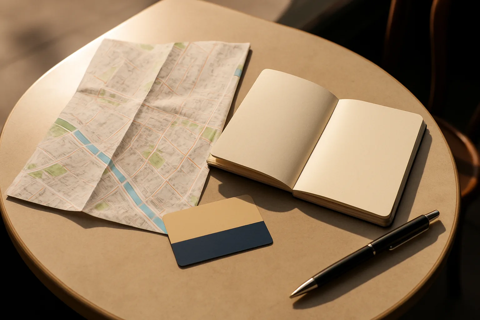 Carte de ville, carnet vierge et carte de transport préparés pour organiser un week-end.